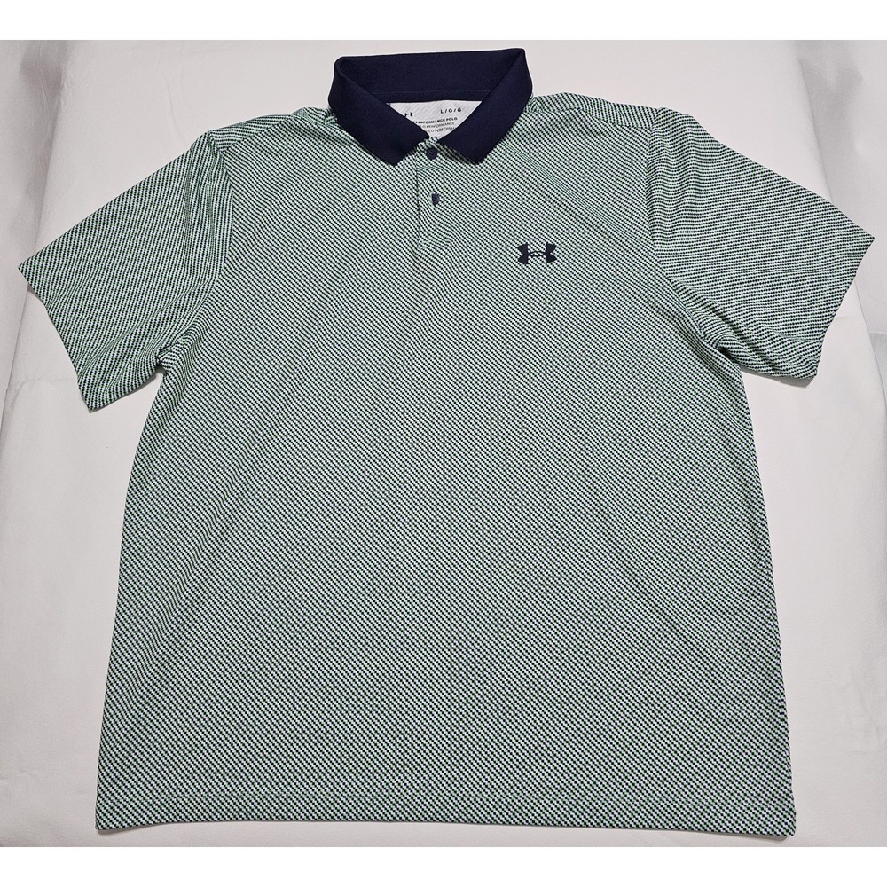 Under Armour Performance Polo Mens Large Green Navy Pattern Golf Shirt Loose
